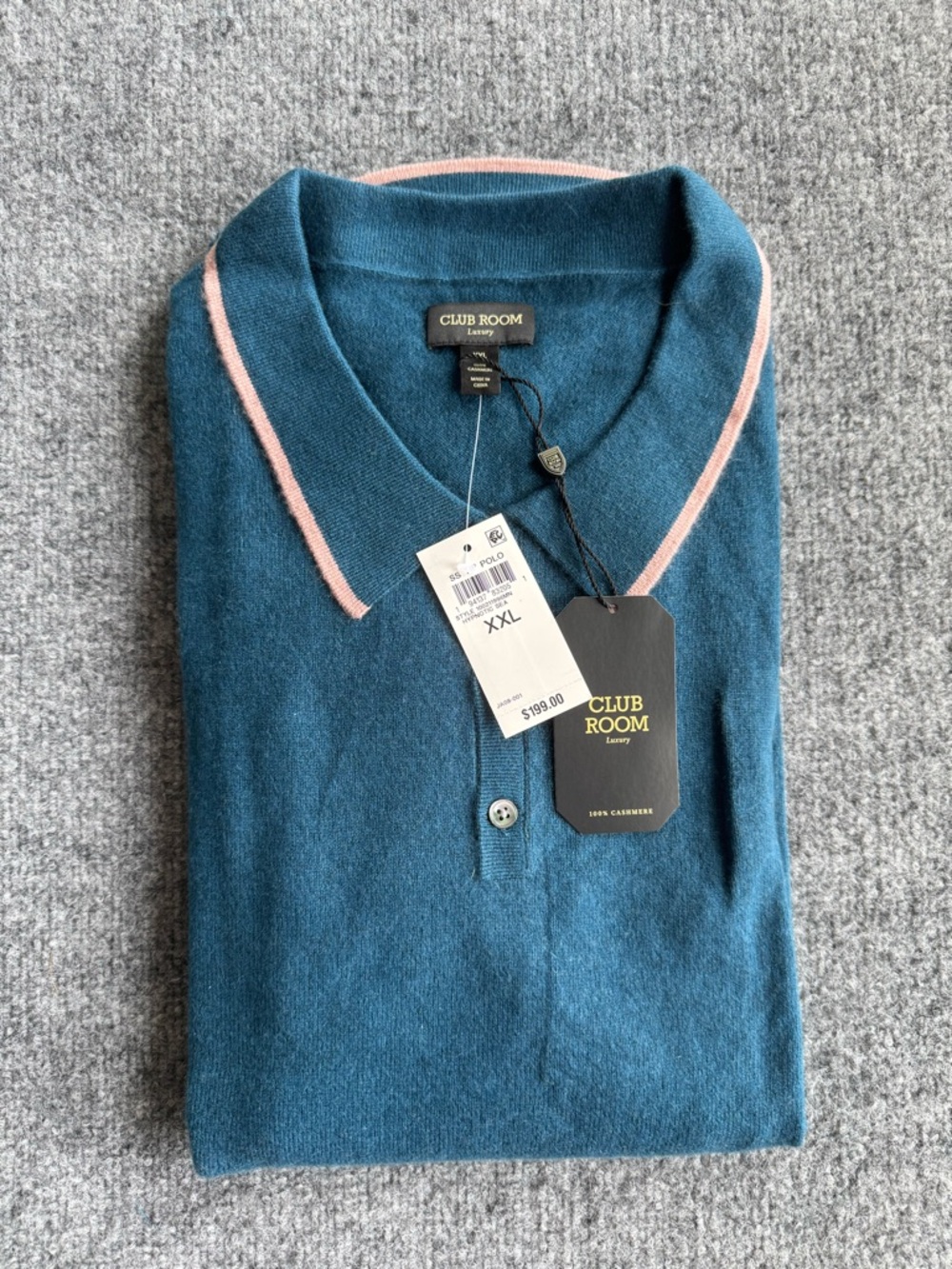 Club Room 100% Cashmere Polo with Pink Trim Mens XXL NEW with Tags
